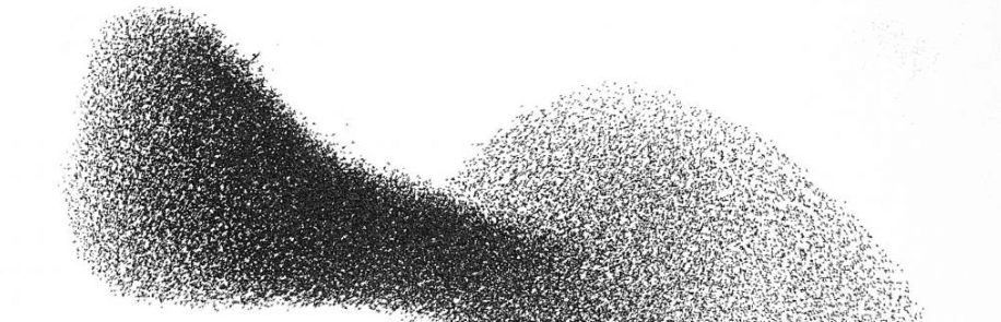 Abstract black particle swarm forming a flowing wave on a white background