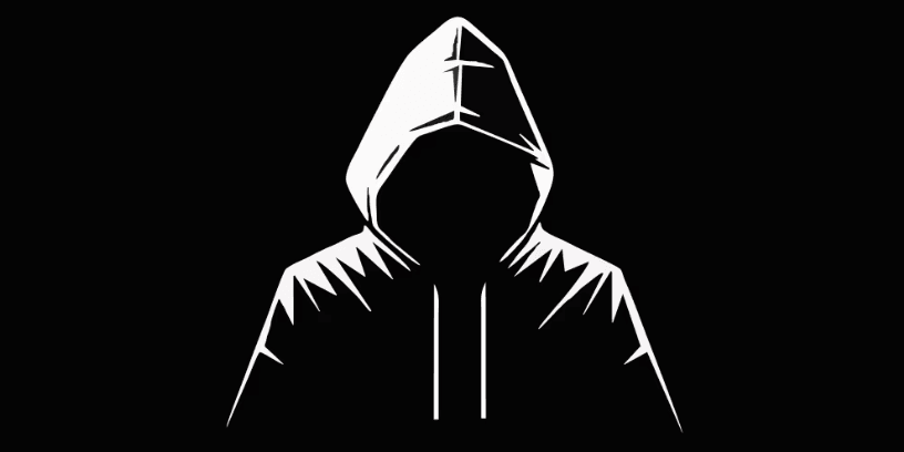 White line illustration of a hooded figure on a black background