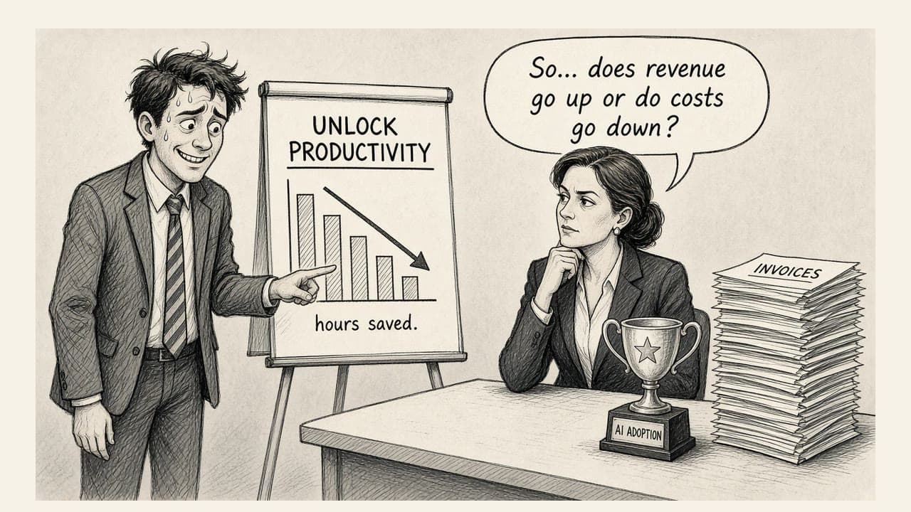 Newspaper cartoon: nervous young consultant pitches Unlock Productivity hours saved; distinguished woman MD asks So... does revenue go up or do costs go down?; AI Adoption trophy beside invoices.