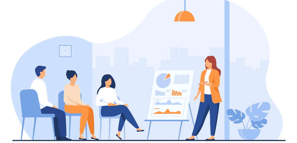 Illustration of a trainer presenting charts to three seated colleagues