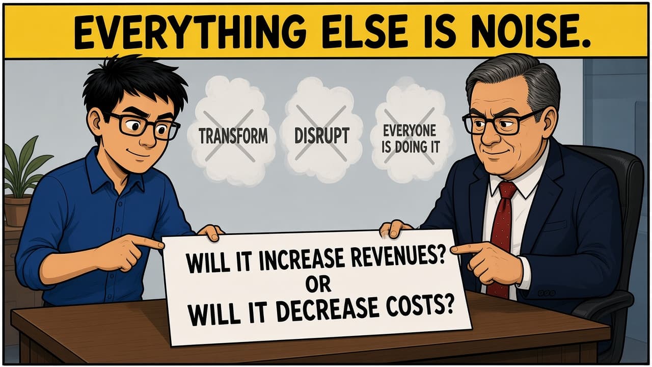 Cartoon of two people at a table holding a sign that asks “Will it increase revenues or will it decrease costs?” with a yellow banner reading “Everything else is noise” and crossed-out buzzwords above