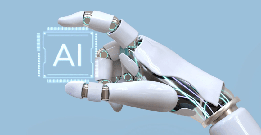 White robotic hand holding a glowing AI chip on a light blue background